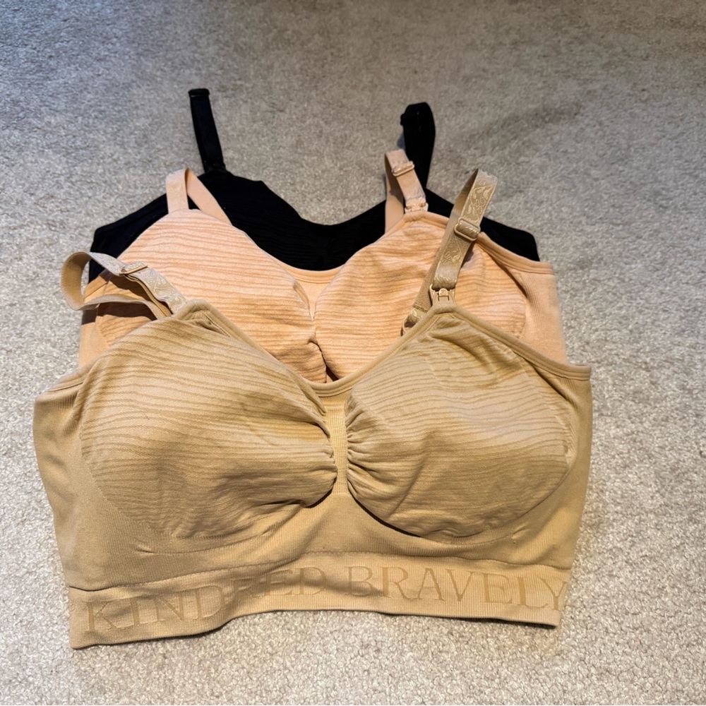Three Large Kindred Bravely Bras in Black, Pink, and Tan  (nursing/pumping)